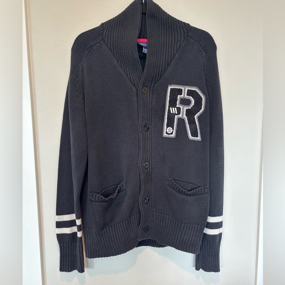 Sale!  Rocawear Navy Cardigan Sweater with White Accents Just Dry Cleaned